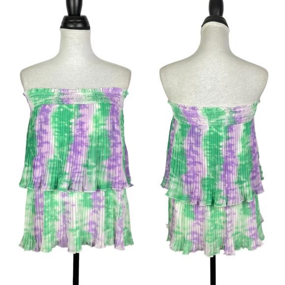 Entro | NWT Boutique Green & Purple Tie Dye Off the Shoulder Pleated Layered Top - Picture 4 of 10